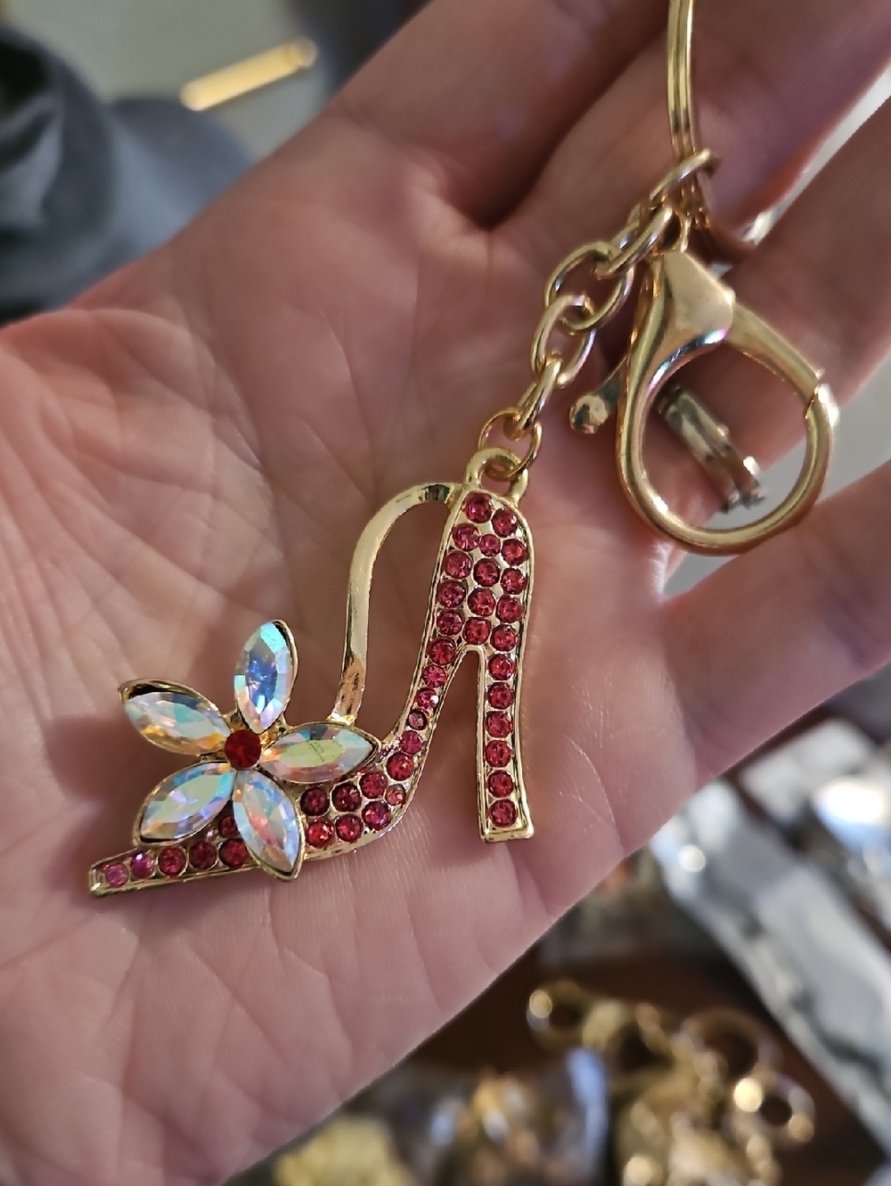 Gold-Tone High Heel Charm Keychain with Pink Rhinestones and Iridescent Flower